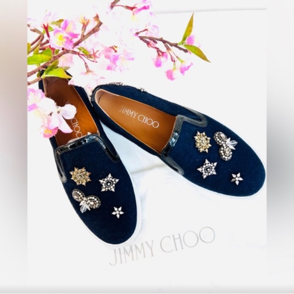 Almost Brand new JIMMY CHOO Demi Crystal Embellished Wool Felt Slip On Navy